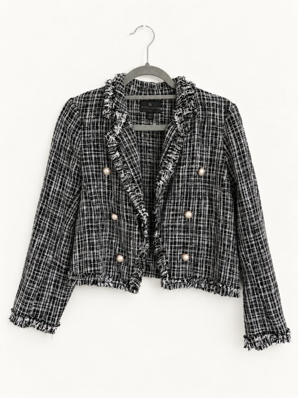 Worthington Petite Black White Tweed Pearl-Style Button Jacket PM